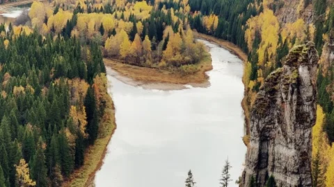View of the Usva pillars and the river in autumn. Stock Footage 260726889