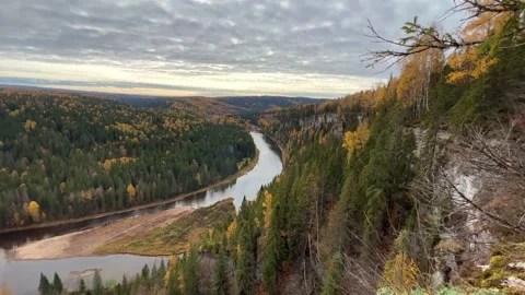View of the Usva pillars and the river in autumn.  Stock Footage 263189133
