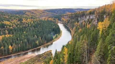 View of the Usva pillars and the river in autumn.  Stock Footage 263189256