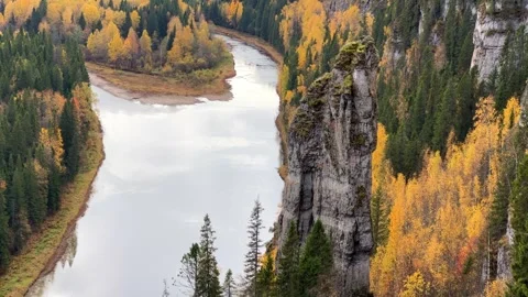 View of the Usva pillars and the river in autumn.  Stock Footage 263189285
