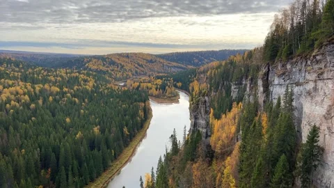 View of the Usva pillars and the river in autumn.  Stock Footage 263189510