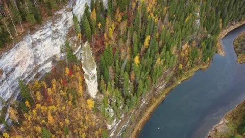 View of the Usva pillars and the river in autumn.  Stock Footage 263191234