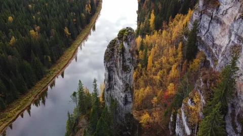 View of the Usva pillars and the river in autumn. Stock Footage 263810425