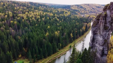 View of the Usva pillars and the river in autumn. Stock Footage 263810924