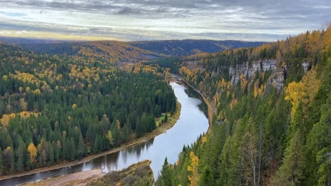 View of the Usva pillars and the river in autumn. Stock Footage 288157418
