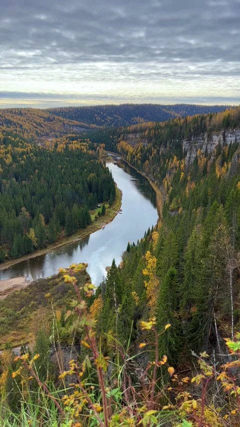 View of the Usva pillars and the river in autumn. Stock Footage 288157574