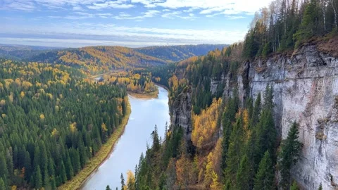 View of the Usva pillars and the river in autumn. Stock Footage 288157692