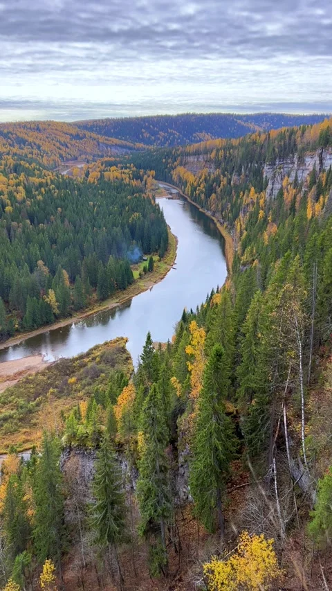 View of the Usva pillars and the river in autumn. Stock Footage 288157848