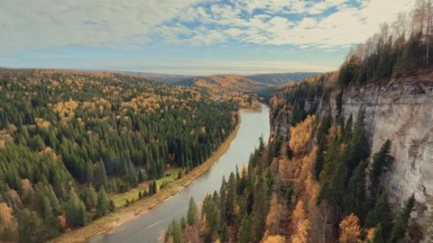 View of the Usva pillars and the river in autumn Stock Footage 299745521