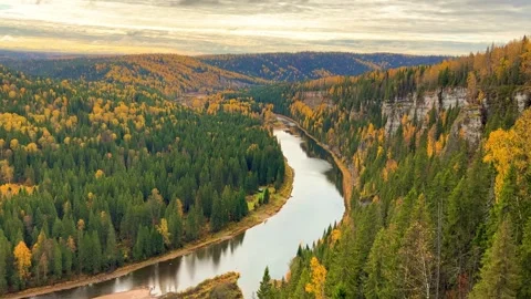 View of the Usva pillars and the river in autumn Stock Footage 299745949