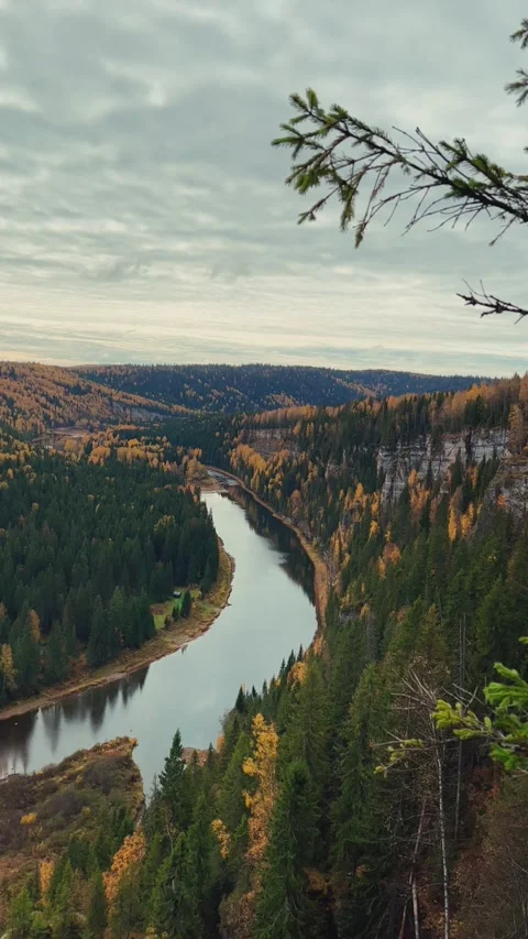 View of the Usva pillars and the river in autumn Stock Footage 299746591