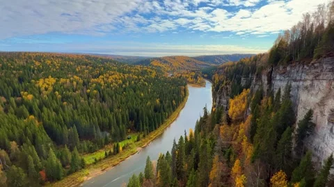 View of the Usva pillars and the river in autumn Stock Footage 299746707