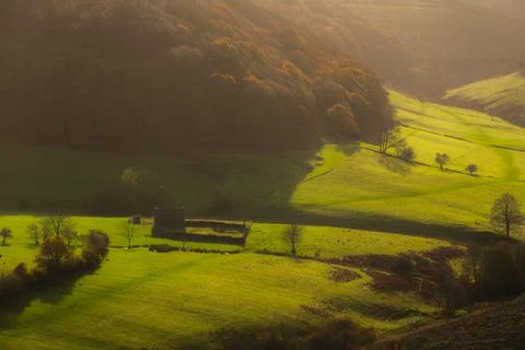 View of valley in autumn under clear sky from a hiking path in Yorkshire Engl Stock Photos