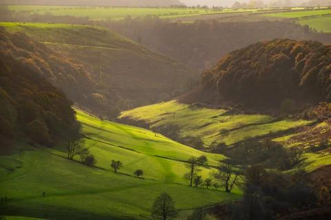 View of valley in autumn under clear sky from a hiking path in Yorkshire Engl Stock Photos