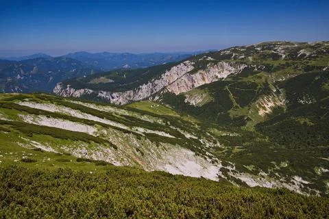 View of the valley between Rax and Schneealpe from Heukuppe Stock Photos