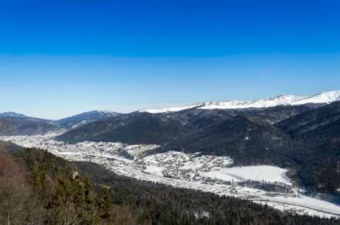 View of valley cities in mountains Stock Photos
