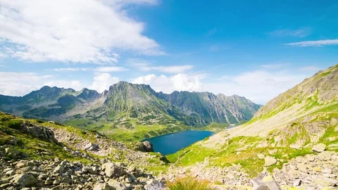 View of the valley with lakes in the mountains - timelapse Stock Footage 79077732