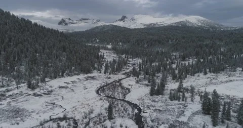 View of valley with trees and stream in mountains. Winter landscape Stock Footage 163520703