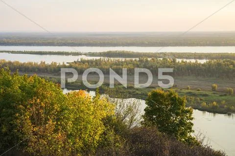 View of the valley of the Volga river on the sunset Stock Photos