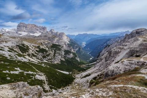 View of valleys and high mountains in the Dolomites, Dolomite Alps, Tre Cim.. 写真素材