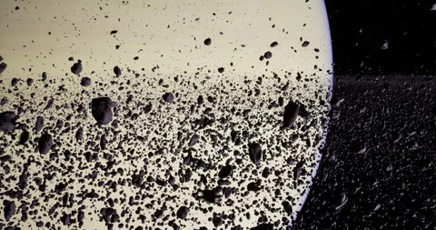 View of a vast asteroid field near a planet in space during cosmic exploration Stock Footage 321778843