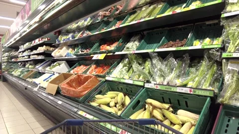 View at the vegetables section in Tesco Lotus store during movement control Stock Footage 150199869