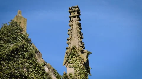 View: Vegetation-Clad Neo-Gothic Pinnacle of Cambusnethan Priory Stock Footage 269563272