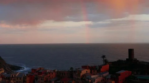 View of Vernazza at sunset with rainbow, Cinque Terre, Liguria Italy Stock Footage 156114096
