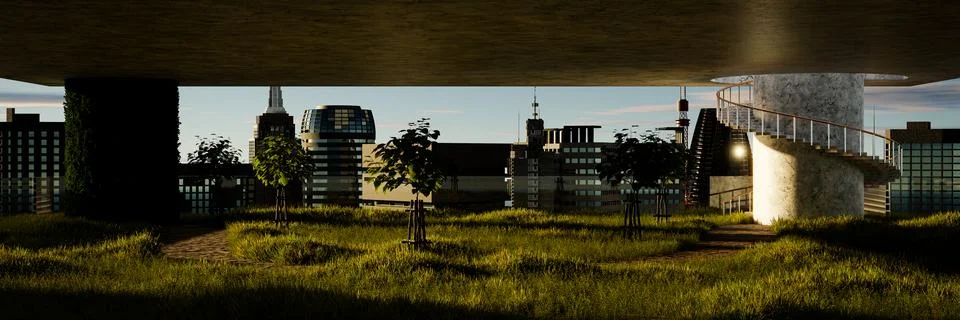 View from the vertical garden of a skyscraper over the roofs of other tall .. Ilustração Stock