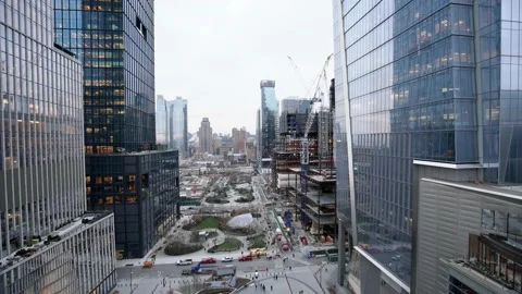 View from The Vessel. Aerial view over Park in NYC. Skyscrapers on sides. Stock Footage 149381969