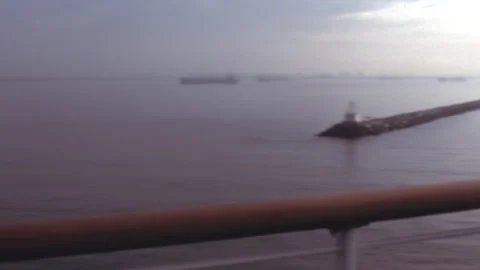 View From Vessel Of Hazy Harbor Breakwater And Cargo Ships Mexico 1980s Stock Footage 345945238