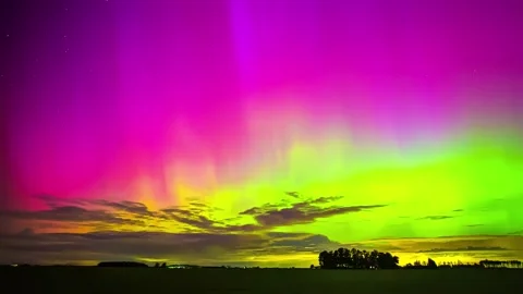 View of vibrant aurora borealis over the landscape, Latvia. Video stock 341453405