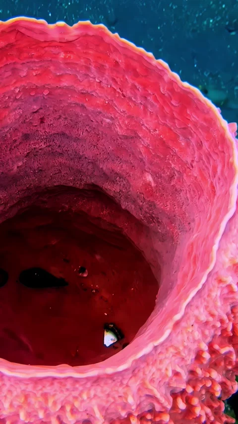 View of a vibrant pink barrel sponge underwater in Indonesia. Stock Footage 339898863