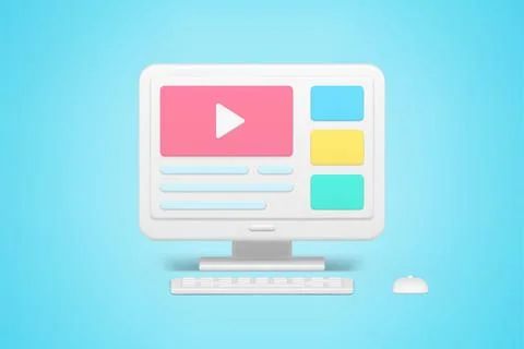 View video content online 3d icon. Website on monitor screen for viewing and  Stock Illustration