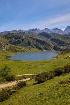 View from the viewpoint of entrelagos in the Lakes of Covadonga Stock Photos