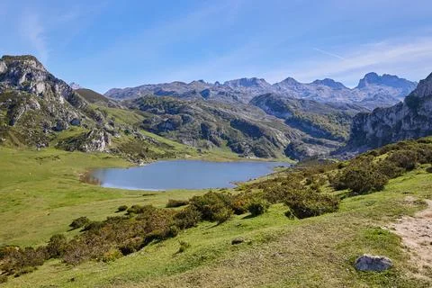 View from the viewpoint of entrelagos in the Lakes of Covadonga Stock Photos