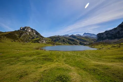 View from the viewpoint of entrelagos in the Lakes of Covadonga Stock Photos