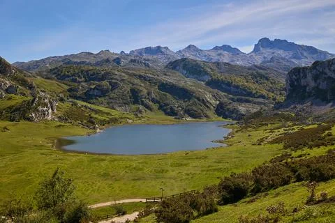 View from the viewpoint of entrelagos in the Lakes of Covadonga Stock Photos