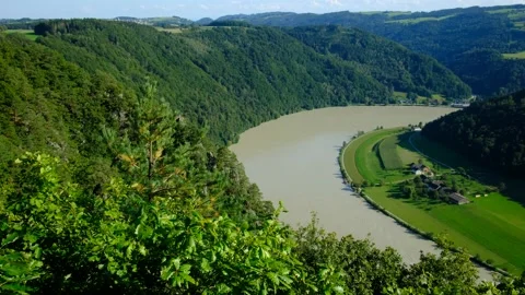View from viewpoint "steiner felsen" to the danube river in upper austria Stock Footage 138631863