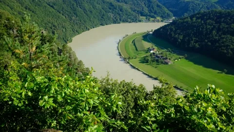 View from viewpoint "steiner felsen" to the danube river in upper austria Stock Footage 138631943