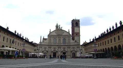 View of Vigevano Cathedral from Piazza Ducale, Vigevano, PV, Italy Stock Footage 62349433
