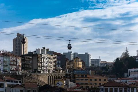 View of Vila Nova de Gaia city and Gaia Cable Car Stock Photos