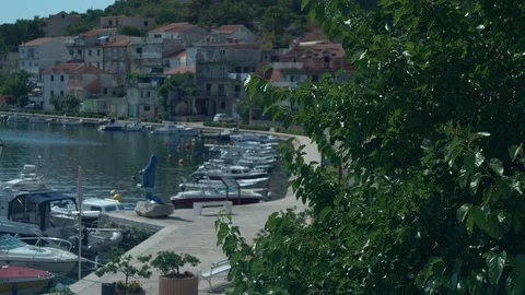 View of village harbor through branches Vídeo Stock 125770431