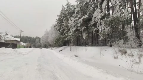 A view from the village to the snowy forest Stock Footage 230424283