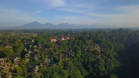 View of villas and rice fields at background mountains at sunrise drone footage Video stock 88921193