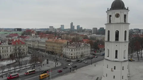 View of the Vilnius Cathedral Bell Tower and the city centre via a drone - 11sec Stock Footage 108733442