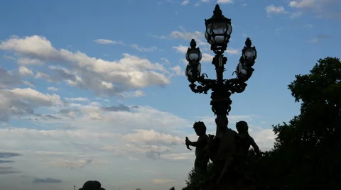 View of a vintage lamp post with statue on Pont Alexandre III in Paris Stock Footage 59967987