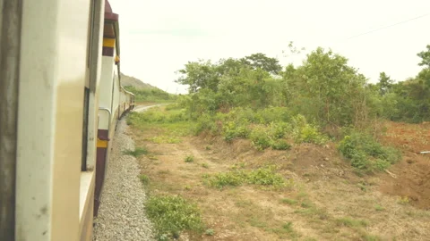 View of vintage train on railroad from window for travel tourism Stock Footage 135597248
