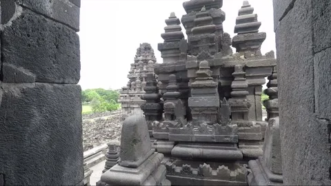 View from Vishnu Temple Cell, Arch Gate Pinnacles, Prambanan, Java, Indonesia Stock Footage 249749355