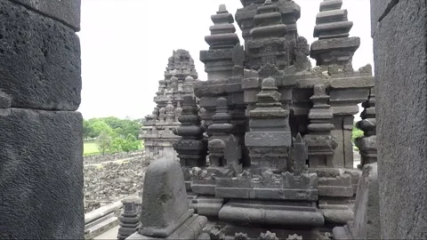 View from Vishnu Temple Cell, Arch Gate Pinnacles, Prambanan, Java, Indonesia Stock Footage 249749356